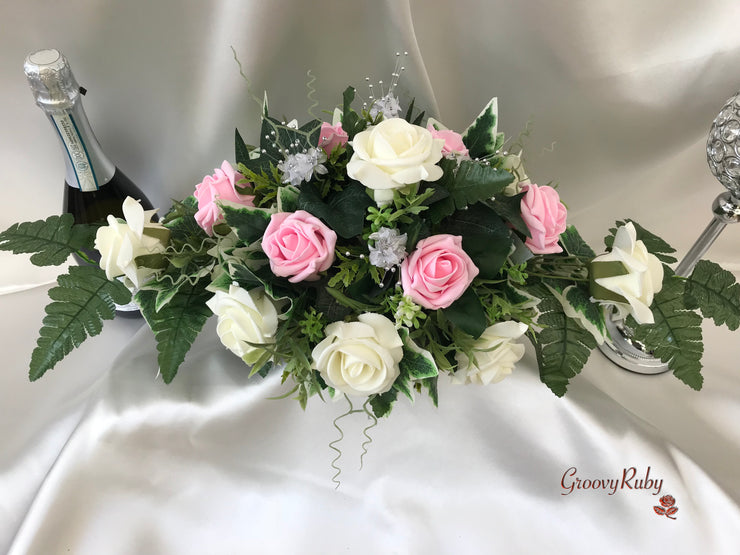Long Table Arrangement With Baby Pink & Ivory Roses & Babies Breath