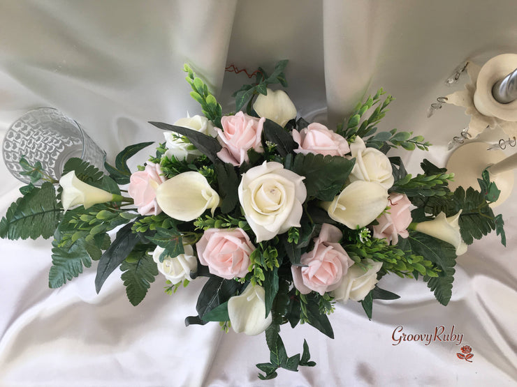 Blush Pink Rose & Large Ivory Calla Lilies With Crystal Butterfly Brooch