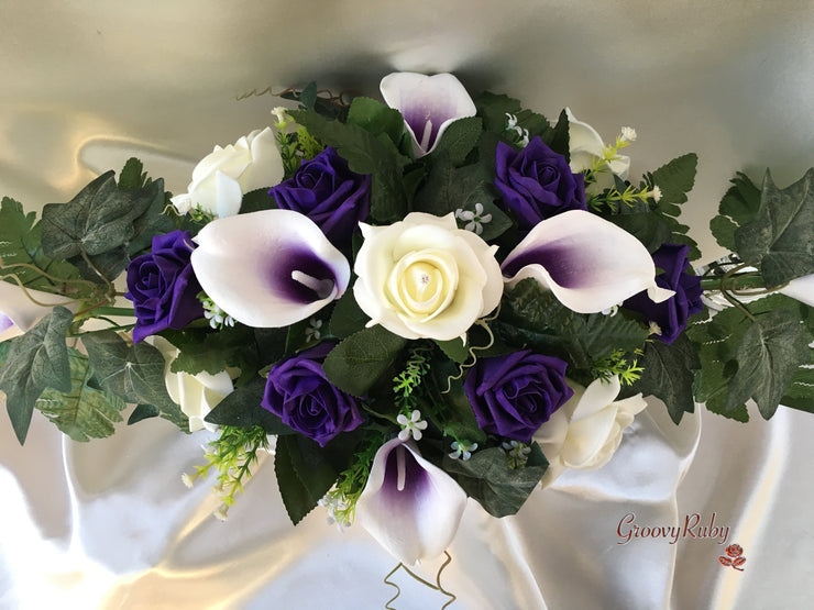 White & Cadbury Purple Centred Calla Lilies With Roses & Crystal Butterfly Brooch