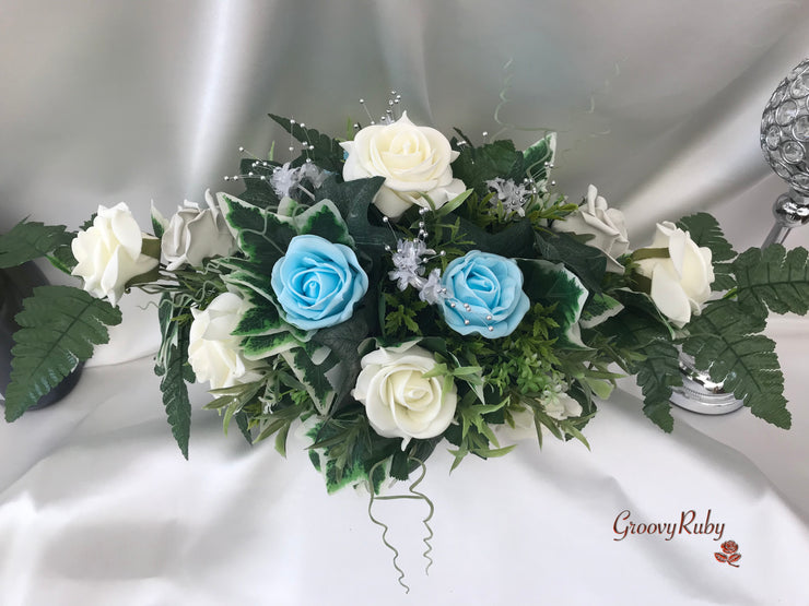 Baby Blue, Silver & Ivory Roses With Delicate Heart Brooch