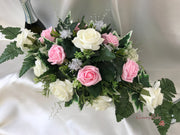 Long Table Arrangement With Baby Pink & Ivory Roses & Babies Breath