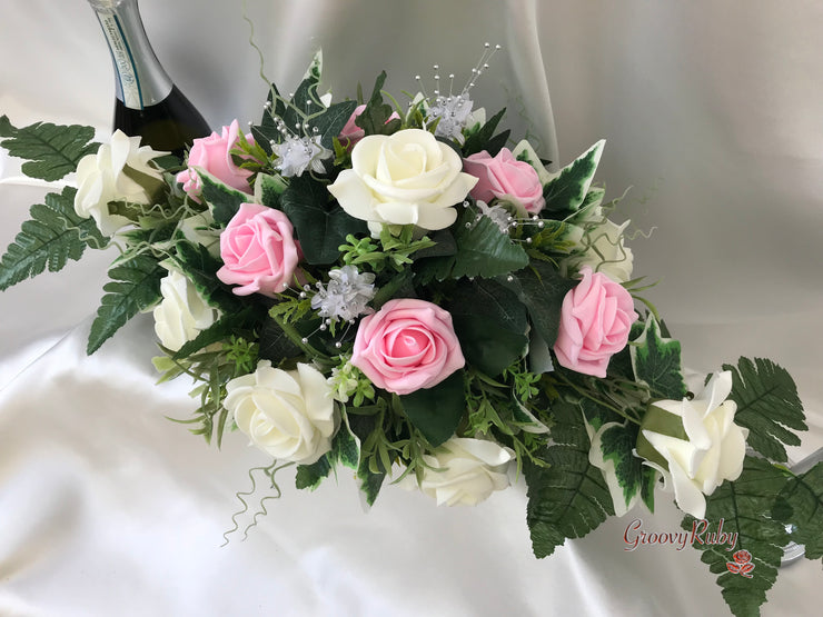 Long Table Arrangement With Baby Pink & Ivory Roses & Babies Breath