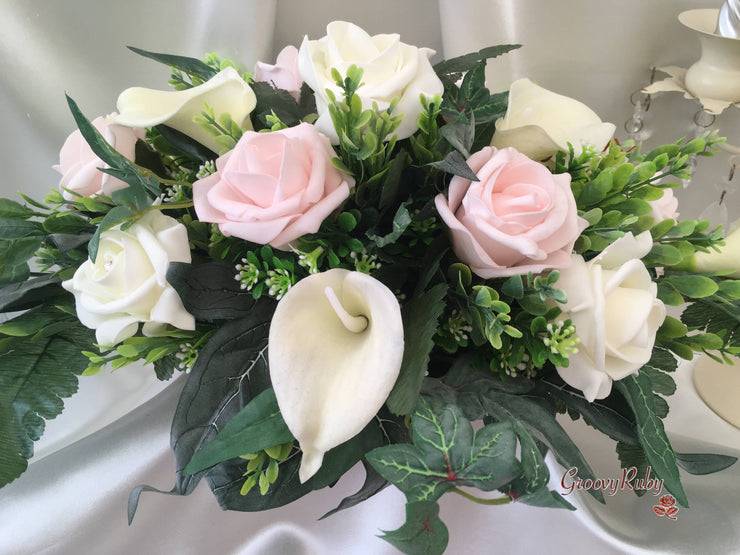 Blush Pink Rose & Large Ivory Calla Lilies With Crystal Butterfly Brooch