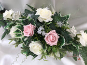 Long Table Arrangement With Dusky Pink, Silver & Ivory Roses & Babies Breath