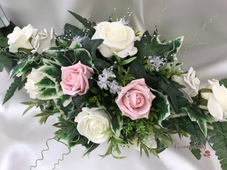 Long Table Arrangement With Dusky Pink, Silver & Ivory Roses & Babies Breath