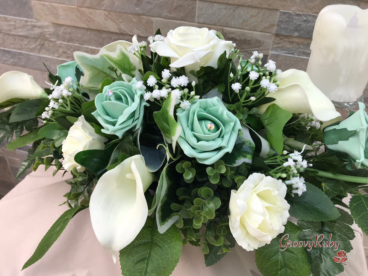 Mint Green Roses & Ivory Carnations With Calla Lily & Gypsophila