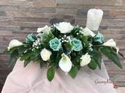 Mint Green Roses & Ivory Carnations With Calla Lily & Gypsophila Long Table Arrangement