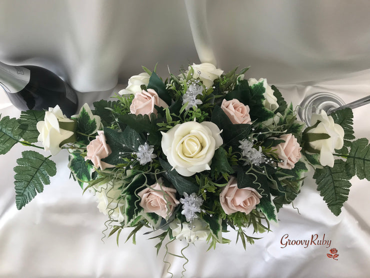 Long Table Arrangement With Mocha Pink & Ivory Roses & Babies Breath