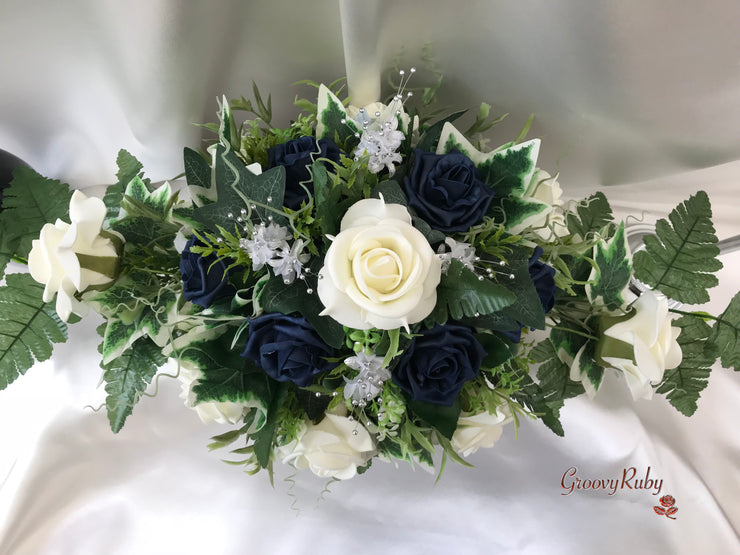 Navy & Ivory Rose With Silver & Crystal Butterfly