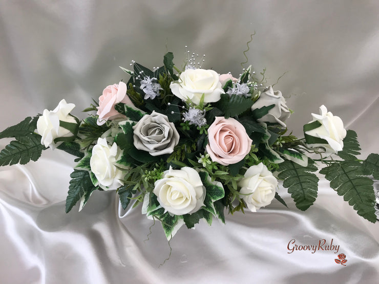 Mocha Pink & Silver Roses With Diamanté Silver Love Brooch