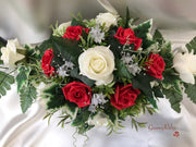 Long Table Arrangement With Red & Ivory Roses & Babies Breath