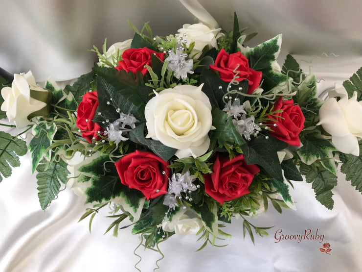 Long Table Arrangement With Red & Ivory Roses & Babies Breath