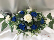 Long Table Arrangement With Royal Blue & Ivory Roses & Babies Breath