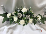 Long Table Arrangement With Grey & Ivory Roses & Babies Breath