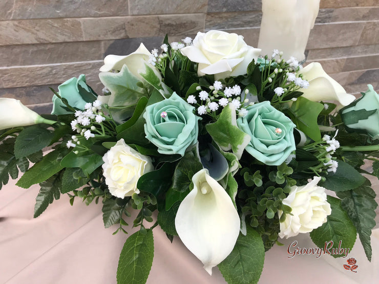 Mint Green Roses & Ivory Carnations With Calla Lily & Gypsophila Long Table Arrangement