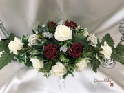 Long Table Arrangement With Burgundy, Silver & Ivory Roses & Babies Breath