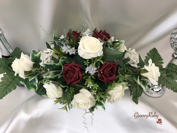 Long Table Arrangement With Burgundy, Silver & Ivory Roses & Babies Breath