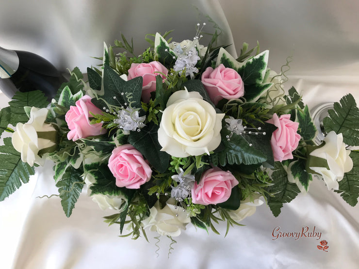 Long Table Arrangement With Baby Pink & Ivory Roses & Babies Breath