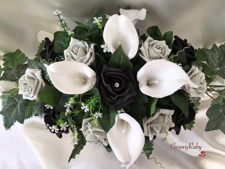 Silver & Black Rose & Large White Calla Lily