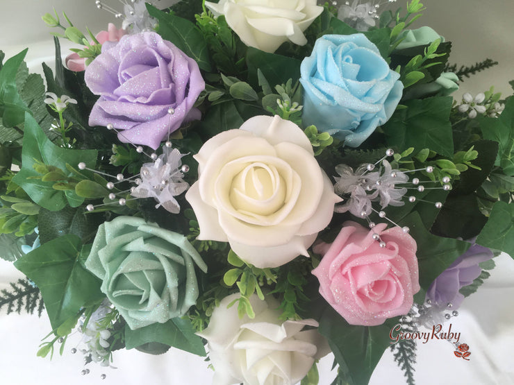 Pastel Glitter Roses With Silver Babies Breath