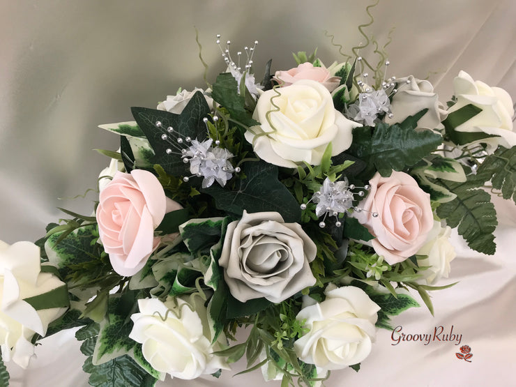 Long Table Arrangement With Mocha Pink, Silver & Ivory Roses & Babies Breath