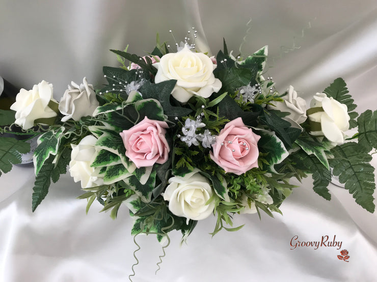 Long Table Arrangement With Dusky Pink, Silver & Ivory Roses & Babies Breath