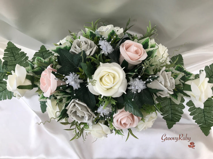 Long Table Arrangement With Mocha Pink, Silver & Ivory Roses & Babies Breath