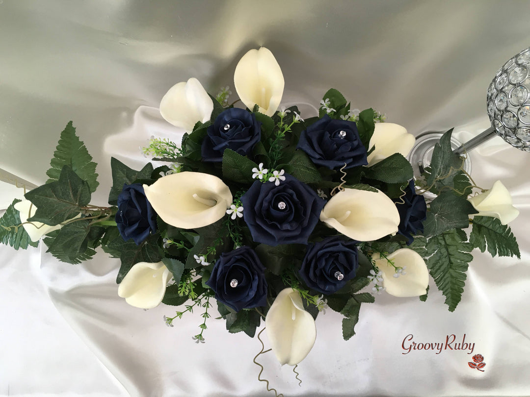 navy blue and white calla lily White & Navy Centred Calla Lilies With Roses – GroovyRuby Ltd