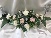 Long Table Arrangement With Mocha Pink & Ivory Roses & Babies Breath