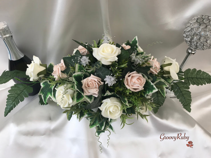 Long Table Arrangement With Mocha Pink & Ivory Roses & Babies Breath