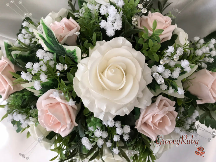 Long Table Arrangement With Mocha Pink & Ivory Roses & Gypsophila & Crystal Sprays