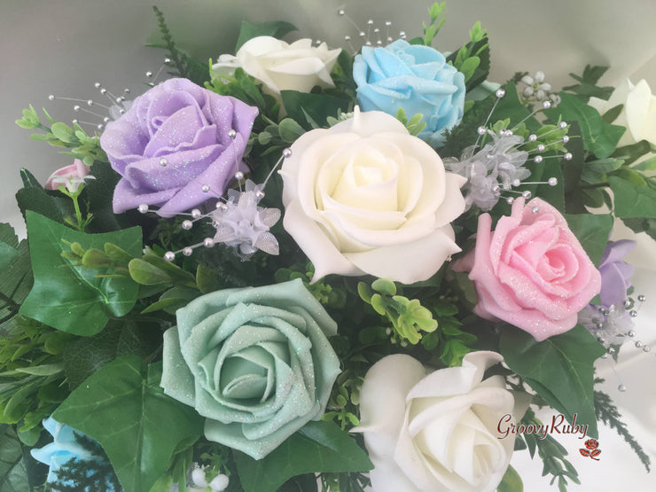 Pastel Glitter Roses With Silver Babies Breath