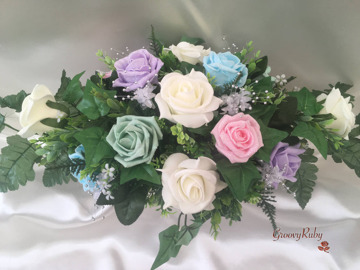 Pastel Glitter Roses With Silver Babies Breath