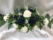 Long Table Arrangement With Navy & Ivory Roses & Babies Breath