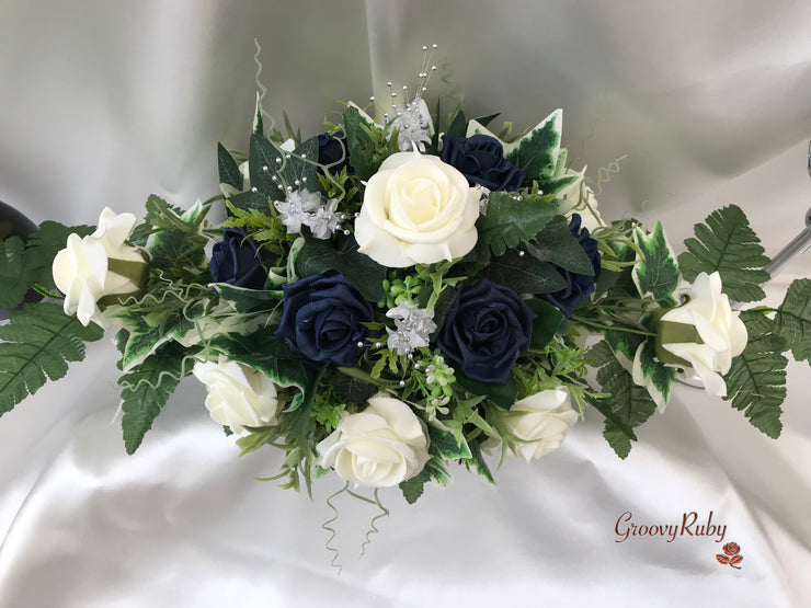 Navy & Ivory Rose With Silver & Crystal Butterfly