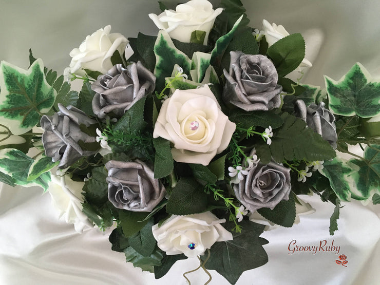 Pearlised Silver & Ivory Roses Long Table Centrepiece