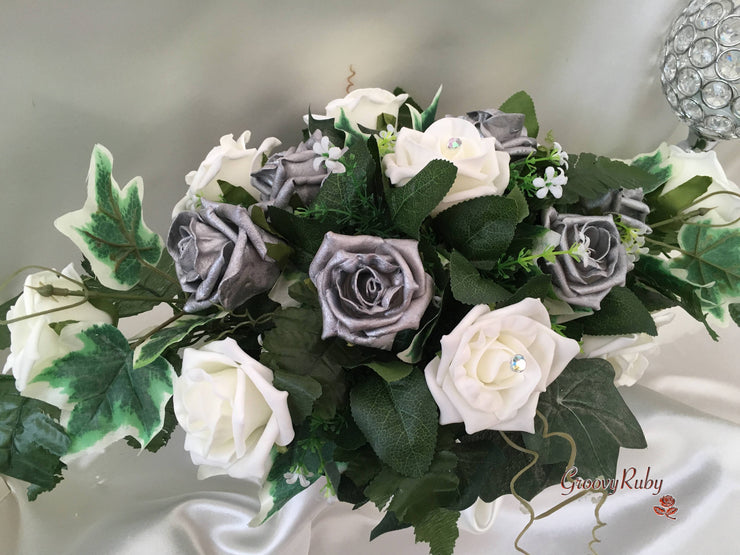 Pearlised Silver & Ivory Roses Long Table Centrepiece