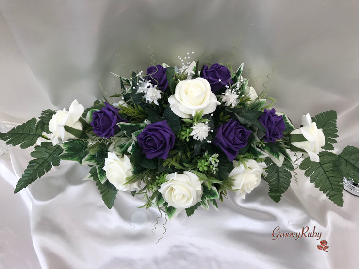 Long Table Arrangement With Cadbury Purple & Ivory Roses & Babies Breath