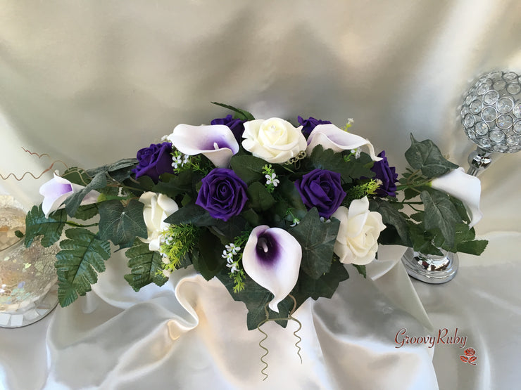 White Purple Centred Calla Lilies & White & Purple Rose Long Table Centrepiece