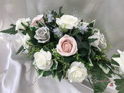 Long Table Arrangement With Mocha Pink, Silver & Ivory Roses & Babies Breath