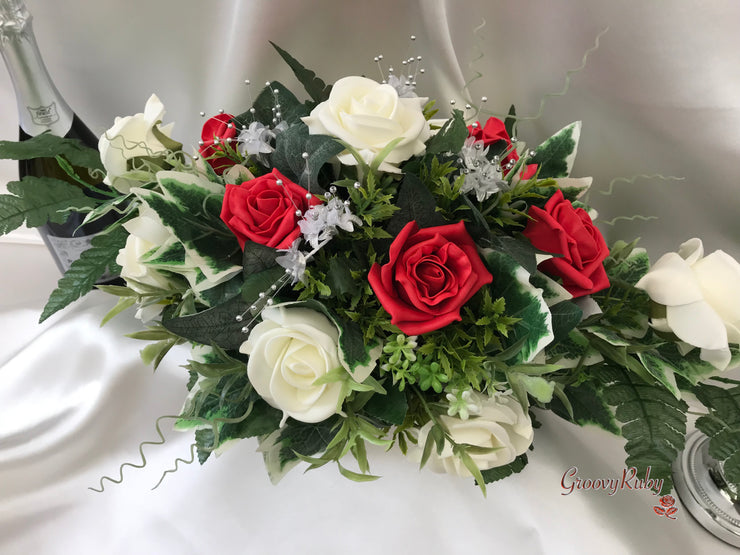 Long Table Arrangement With Red & Ivory Roses & Babies Breath