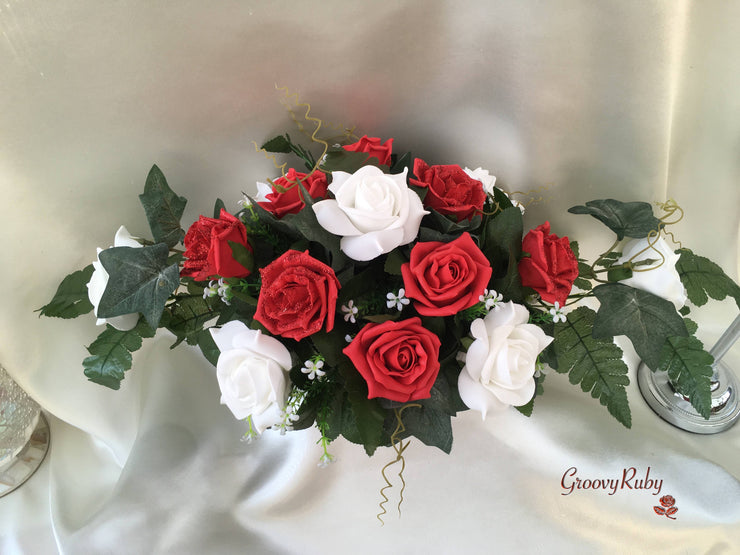 Red Glitter Rose With Silver Babies Breath