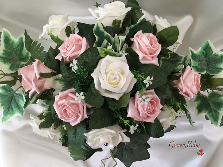 Pearlised Rose Gold & Ivory Roses Long Table Centrepiece