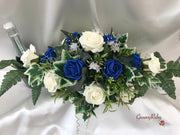 Long Table Arrangement With Royal Blue & Ivory Roses & Babies Breath