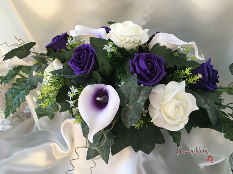 White & Cadbury Purple Centred Calla Lilies With Roses & Crystal Butterfly Brooch