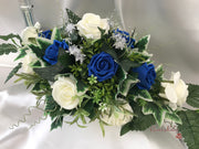 Royal Blue & Ivory Rose With Silver & Crystal Butterfly