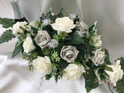 Long Table Arrangement With Grey & Ivory Roses & Babies Breath