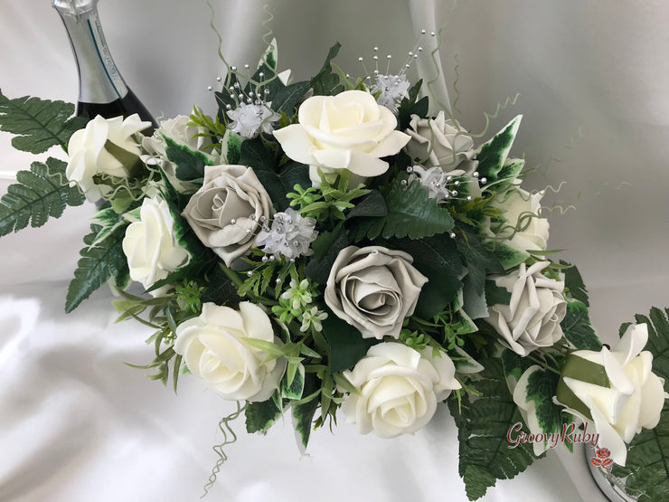 Long Table Arrangement With Grey & Ivory Roses & Babies Breath