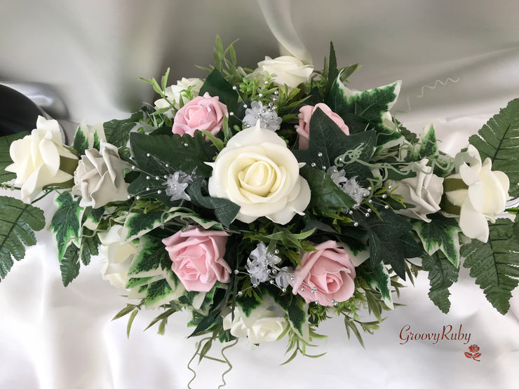 Long Table Arrangement With Dusky Pink, Silver & Ivory Roses & Babies Breath