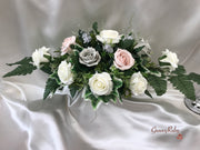 Long Table Arrangement With Mocha Pink, Silver & Ivory Roses & Babies Breath
